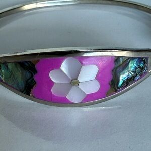 Vintage Silver Tone Alpaca Mexico Bracelet with Pink and White Floral Abalone
